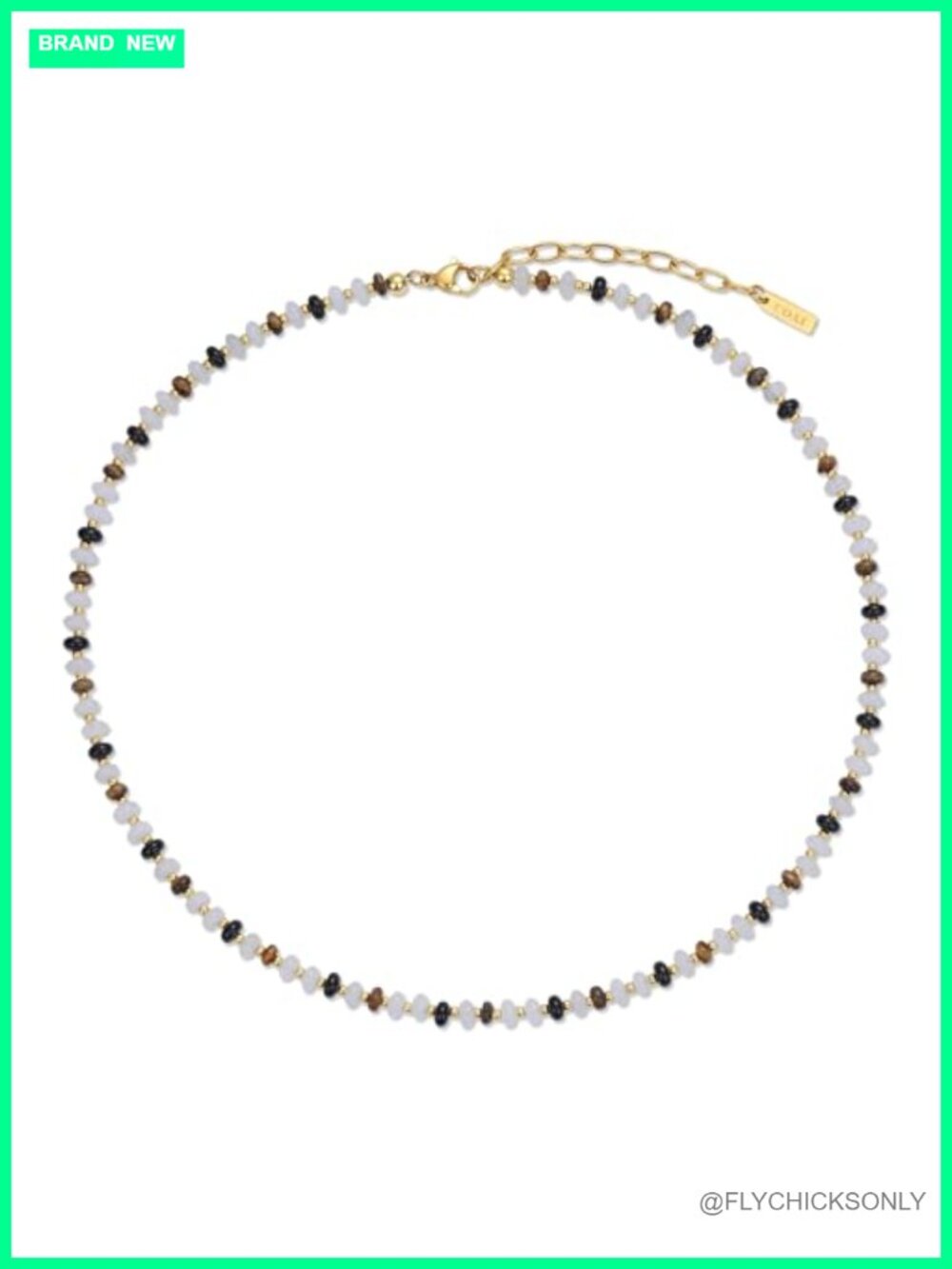 Beaded Necklace 18K Gold Plated Stainless Steel White Jade Onyx Tiger Eye 16+2"